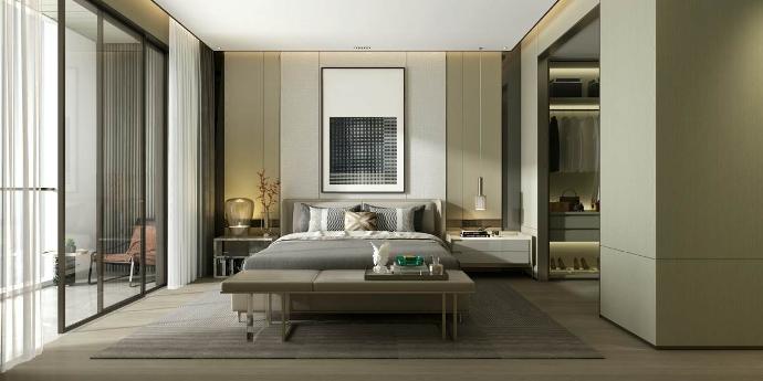 Amenajări interioare luxoase pentru apartamente - dormitor în nuante aurii, uși glisante de sticlă către balcon